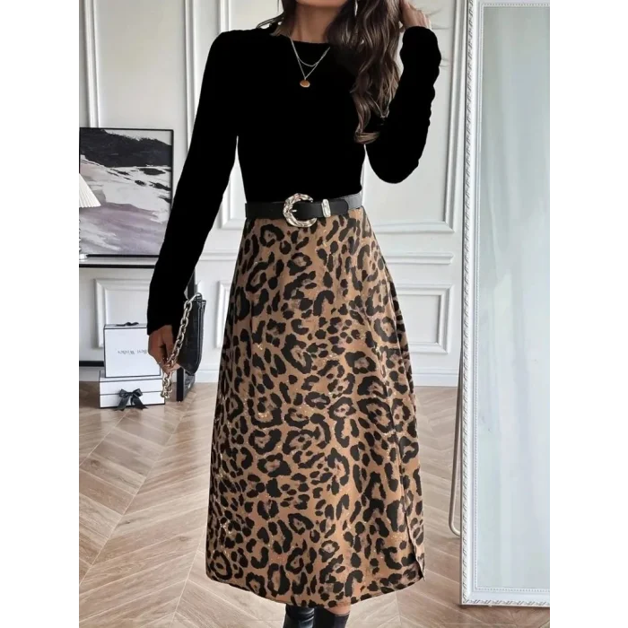 Kadın Uzun Kollu Bisiklet Yaka Ithal Krep Bluz Alt Desenli Modal Midi Elbise