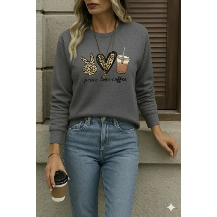 Kadın Uzun Kollu Bisiklet Yaka Kalp Desenli Viskon Iki Iplik Bluz