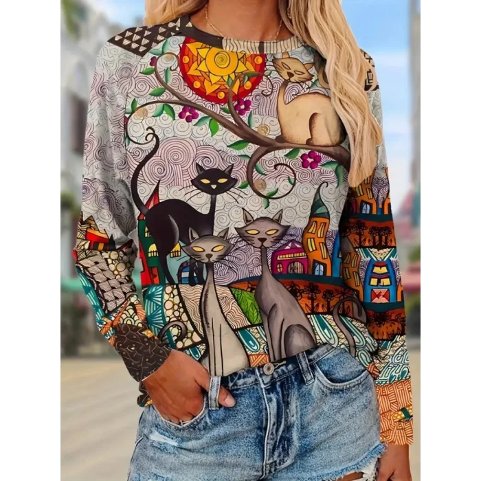 Kadın Uzun Kollu Bisiklet Yaka Kedi Baskılı Süprem Bluz