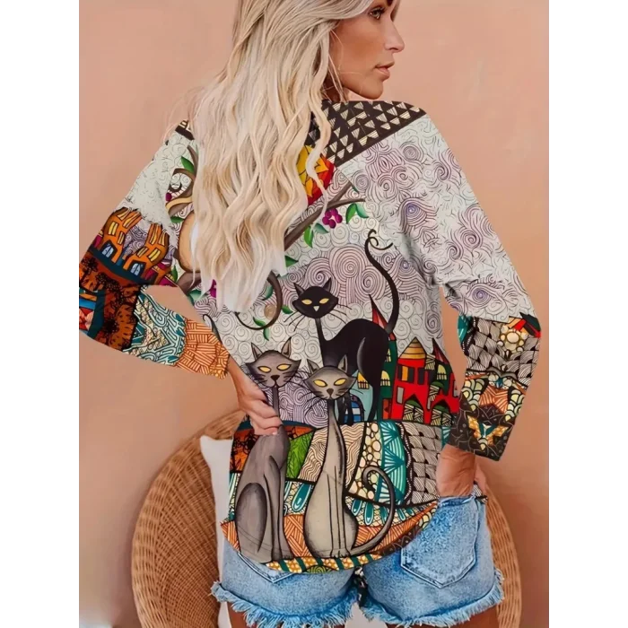 Kadın Uzun Kollu Bisiklet Yaka Kedi Baskılı Süprem Bluz