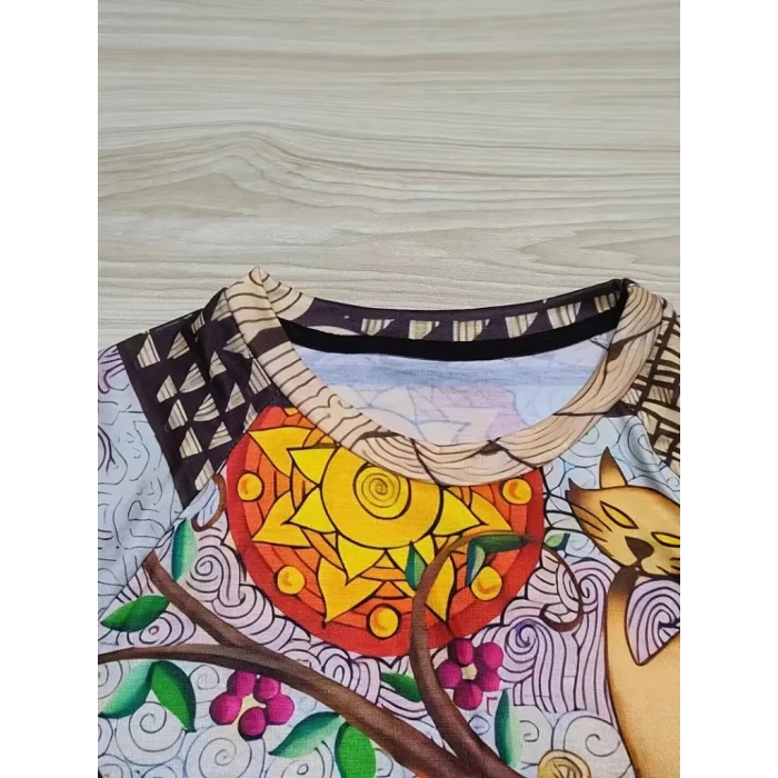 Kadın Uzun Kollu Bisiklet Yaka Kedi Baskılı Süprem Bluz