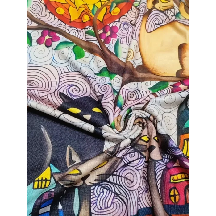 Kadın Uzun Kollu Bisiklet Yaka Kedi Baskılı Süprem Bluz