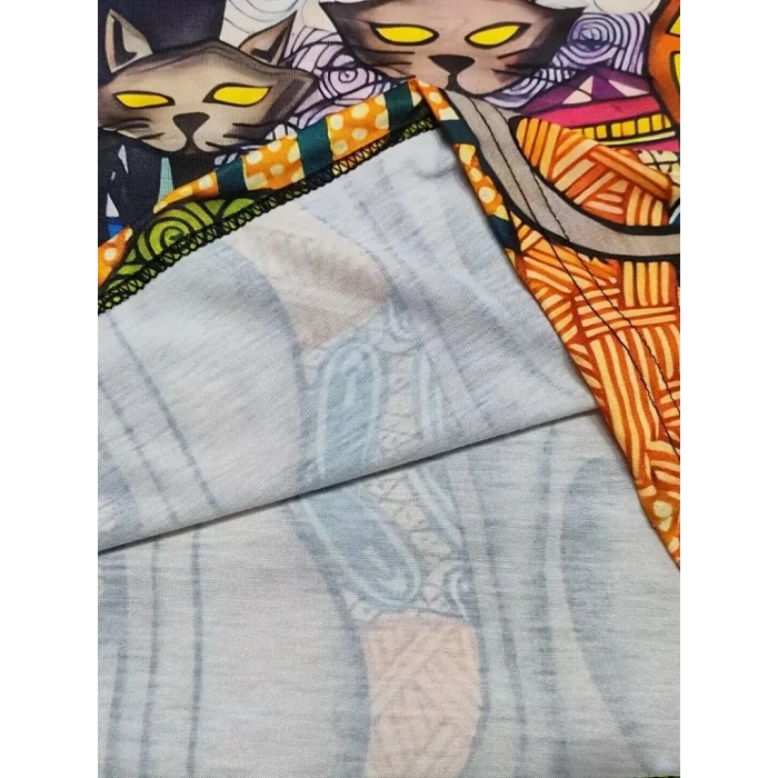 Kadın Uzun Kollu Bisiklet Yaka Kedi Baskılı Süprem Bluz