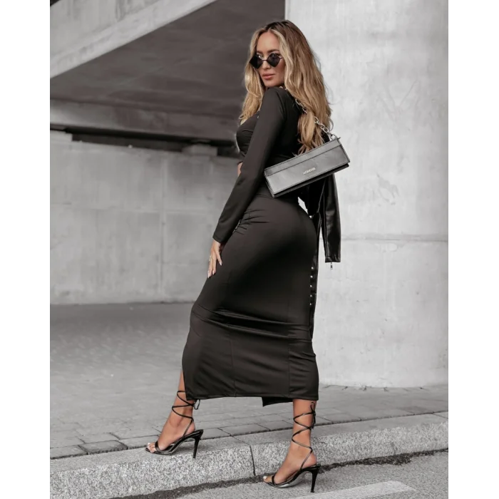 Kadın Uzun Kollu Bisiklet Yaka Kısa Krop Dalgıç Bluz Ile önden Yırtmaçlı Uzun Etek Ikili Takım