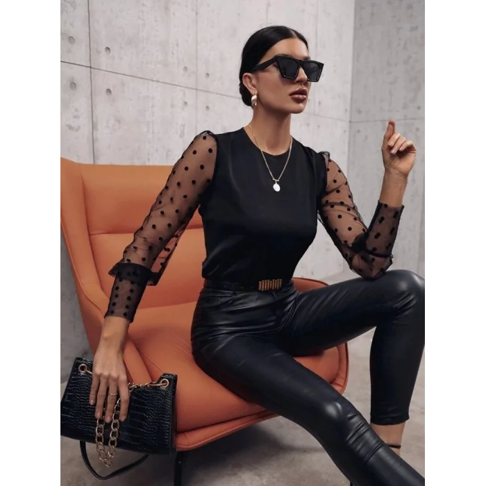 Kadın Uzun Kollu Bisiklet Yaka Kollar Puantiyeli Tül Detaylı Sandy Bluz