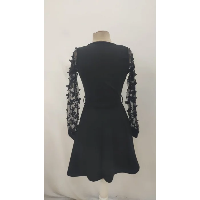 Kadın Uzun Kollu Bisiklet Yaka Kollar Tül Kelebek Detaylı Ithal Krep Elbise