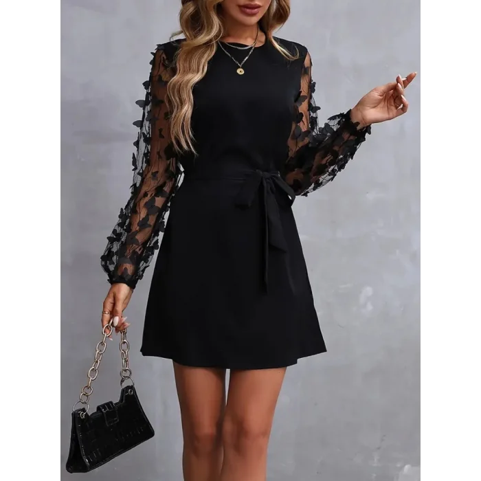 Kadın Uzun Kollu Bisiklet Yaka Kollar Tül Kelebek Detaylı Ithal Krep Elbise