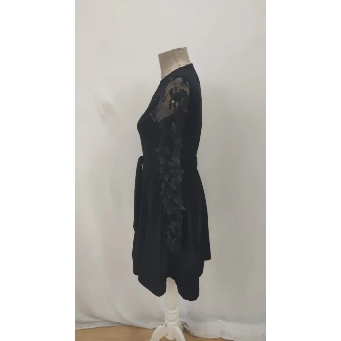 Kadın Uzun Kollu Bisiklet Yaka Kollar Tül Kelebek Detaylı Ithal Krep Elbise