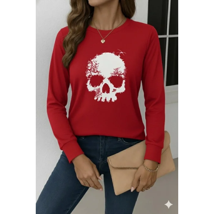 Kadın Uzun Kollu Bisiklet Yaka Kurukafa Desenli Viskon Bluz