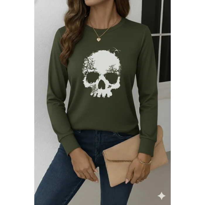 Kadın Uzun Kollu Bisiklet Yaka Kurukafa Desenli Viskon Bluz