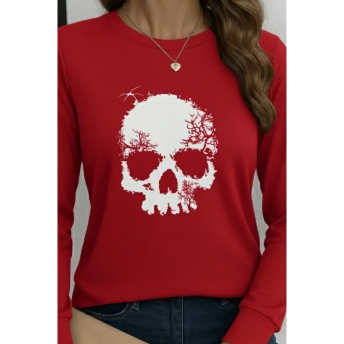 Kadın Uzun Kollu Bisiklet Yaka Kurukafa Desenli Viskon Bluz