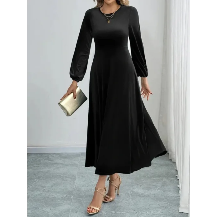 Kadın Uzun Kollu Bisiklet Yaka Midi Kadife Elbise