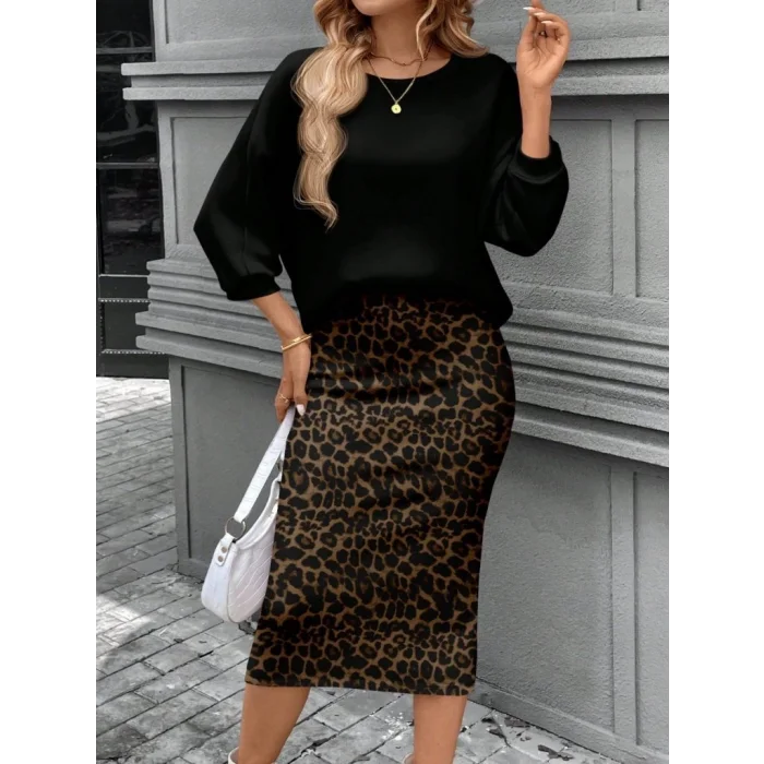 Kadın Uzun Kollu Bisiklet Yaka Modal Bluz Ve Leopar Desenli Etek Ikili Takım