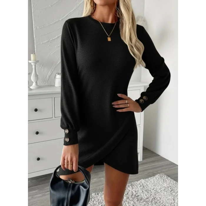 Kadın Uzun Kollu Bisiklet Yaka önden Asimetrik Kesim Detaylı Mini Yumoş Elbise