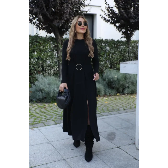 Kadın Uzun Kollu Bisiklet Yaka önden Halka Detaylı Yırtmaçlı Uzun Viskon Iki Iplik Elbise