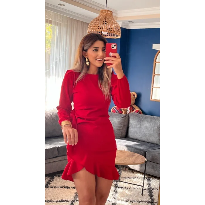 Kadın Uzun Kollu Bisiklet Yaka önden Volanlı Ithal Krep Elbise