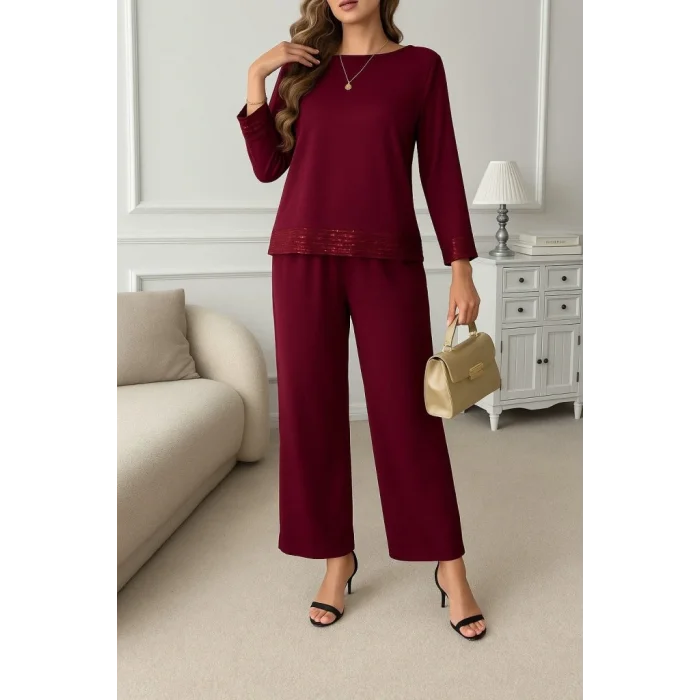Kadın Uzun Kollu Bisiklet Yaka Pulpayetli Viskon Iki Iplik Bluz Ve Pantolon Ikili Takım