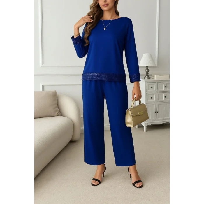 Kadın Uzun Kollu Bisiklet Yaka Pulpayetli Viskon Iki Iplik Bluz Ve Pantolon Ikili Takım