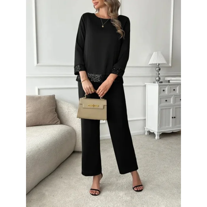 Kadın Uzun Kollu Bisiklet Yaka Pulpayetli Viskon Iki Iplik Bluz Ve Pantolon Ikili Takım