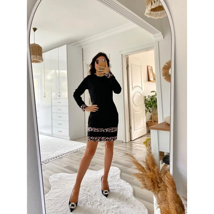 Kadın Uzun Kollu Bisiklet Yaka şerit Leopar Desenli Kısa Dalgıç Elbise