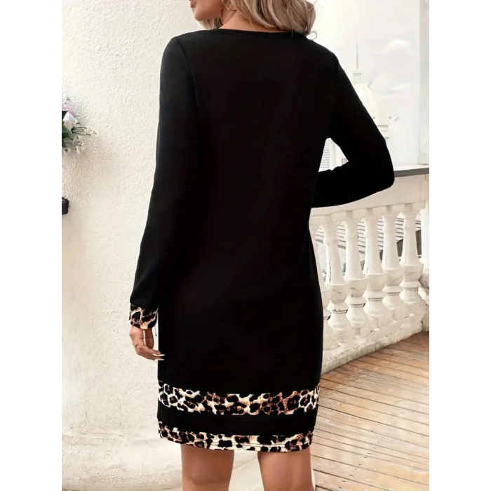Kadın Uzun Kollu Bisiklet Yaka şerit Leopar Desenli Kısa Dalgıç Elbise