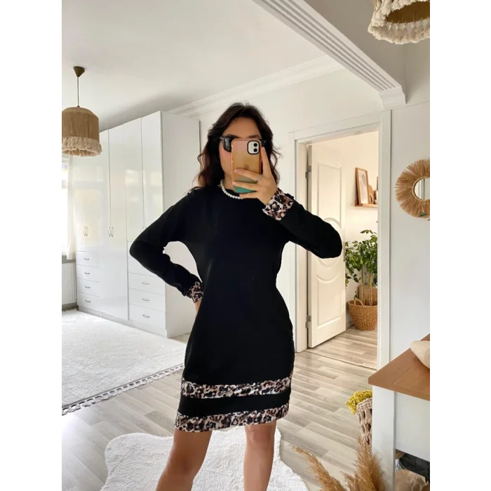 Kadın Uzun Kollu Bisiklet Yaka şerit Leopar Desenli Kısa Dalgıç Elbise