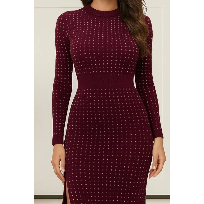 Kadın Uzun Kollu Bisiklet Yaka Taşlı Midi Kadife Elbise