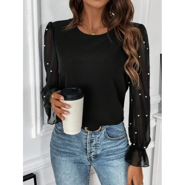 Kadın Uzun Kollu Bisiklet Yaka Tül Detaylı Incili Ithal Krep Bluz