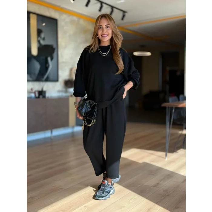 Kadın Uzun Kollu Bisiklet Yaka Viskon Iki Iplik Bluz Ve Pantolon Ikili Takım