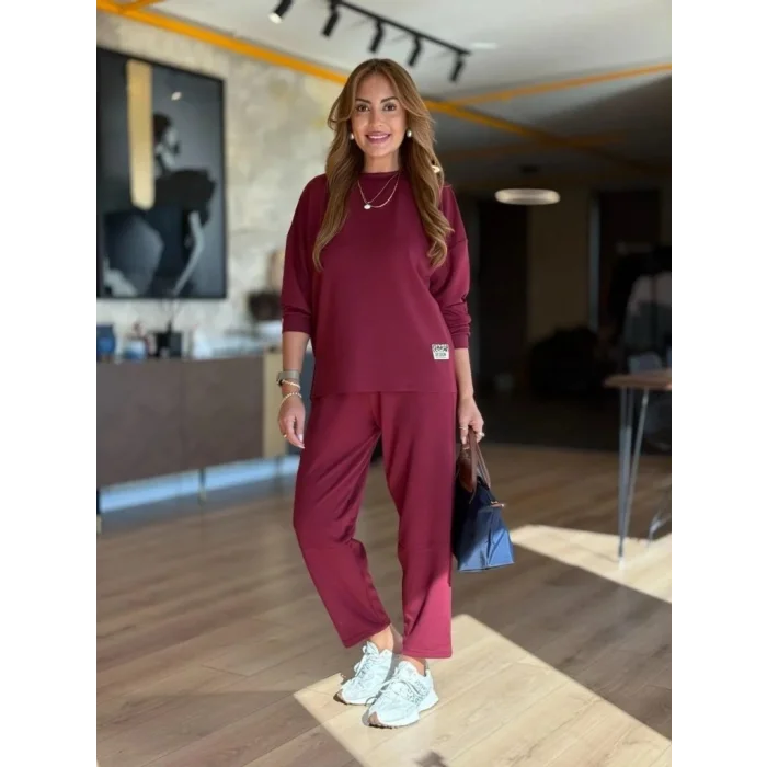 Kadın Uzun Kollu Bisiklet Yaka Viskon Iki Iplik Bluz Ve Pantolon Ikili Takım