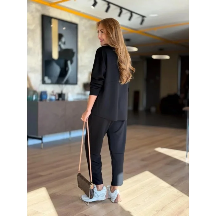 Kadın Uzun Kollu Bisiklet Yaka Viskon Iki Iplik Bluz Ve Pantolon Ikili Takım