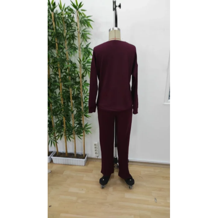 Kadın Uzun Kollu Bisiklet Yaka Viskon Iki Iplik Bluz Ve Pantolon Ikili Takım