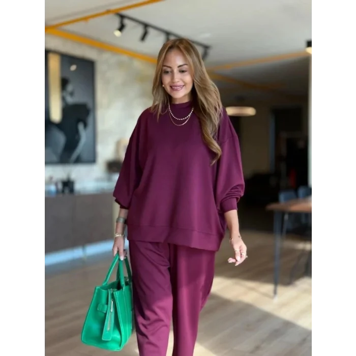 Kadın Uzun Kollu Bisiklet Yaka Viskon Iki Iplik Mor Bluz Ve Pantolon Ikili Takım