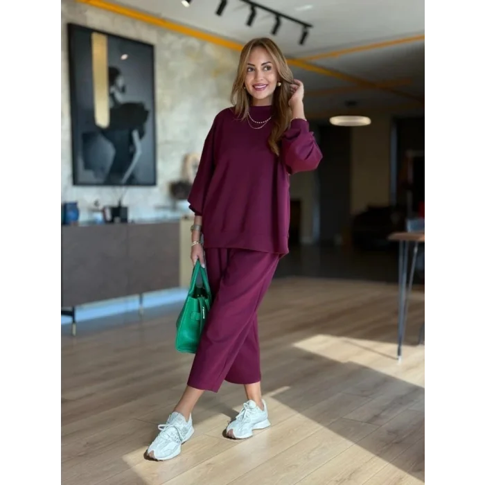 Kadın Uzun Kollu Bisiklet Yaka Viskon Iki Iplik Mor Bluz Ve Pantolon Ikili Takım