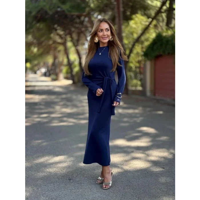 Kadın Uzun Kollu Bisiklet Yaka Yandan Bağlamalı Uzun Modal Elbise