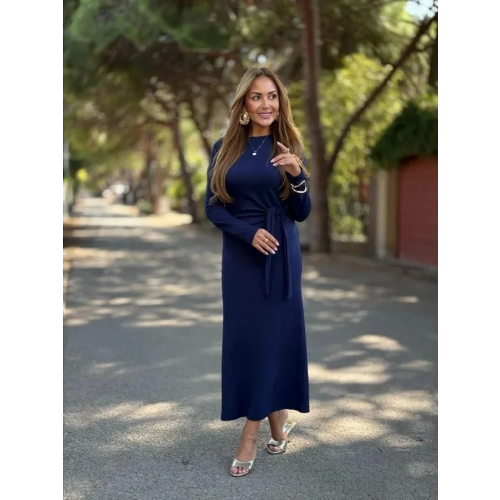 Kadın Uzun Kollu Bisiklet Yaka Yandan Bağlamalı Uzun Modal Elbise