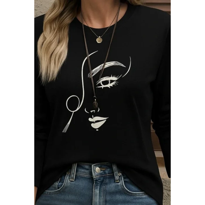 Kadın Uzun Kollu Bisiklet Yaka Yüz Desenli Viskon Bluz