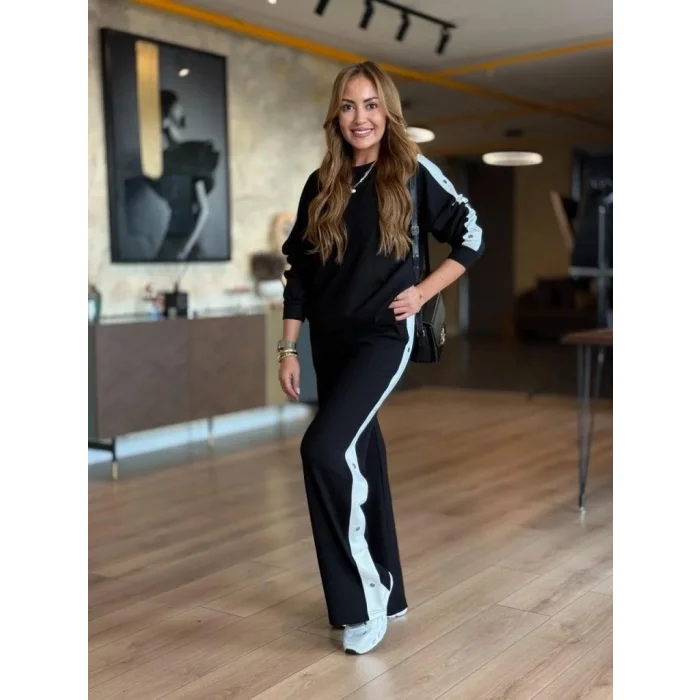 Kadın Uzun Kollu Bisiklet Yakalı Düğmeli Viskon Iki Iplik Bluz Ve Pantolon Ikili Takım