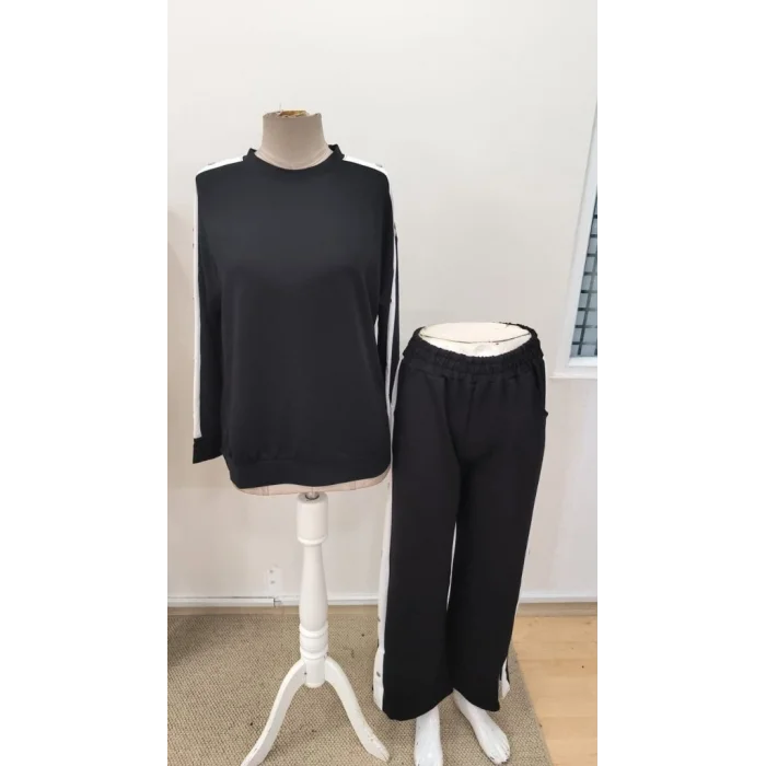 Kadın Uzun Kollu Bisiklet Yakalı Düğmeli Viskon Iki Iplik Bluz Ve Pantolon Ikili Takım