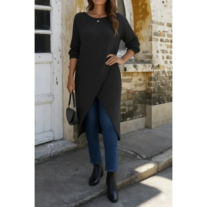 Kadın Uzun Kollu Bisiklet Yakalı önden çapraz Kesim Detaylı Midi Triko Elbise