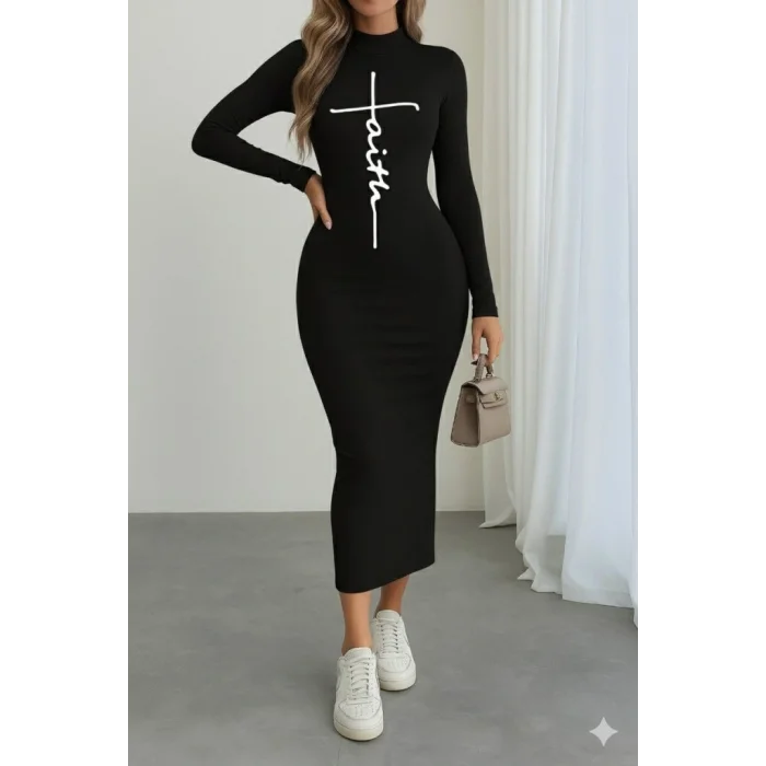 Kadın Uzun Kollu Boğazlı Baskı Detaylı Viskon Tam Boy Elbise