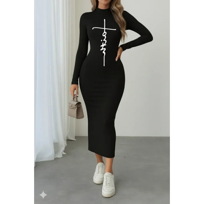 Kadın Uzun Kollu Boğazlı Baskı Detaylı Viskon Tam Boy Elbise