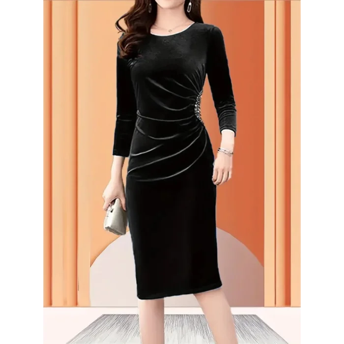 Kadın Uzun Kollu Bot Yaka Yanı Taş Detaylı Midi Kadife Elbise