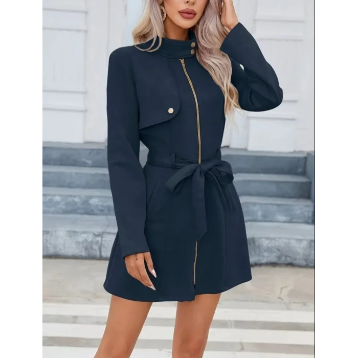 Kadın Uzun Kollu Boyundan Düğmeli Fermuarlı Beli Kuşaklı Süet Ceket