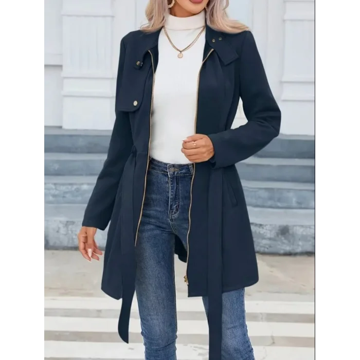 Kadın Uzun Kollu Boyundan Düğmeli Fermuarlı Beli Kuşaklı Süet Ceket