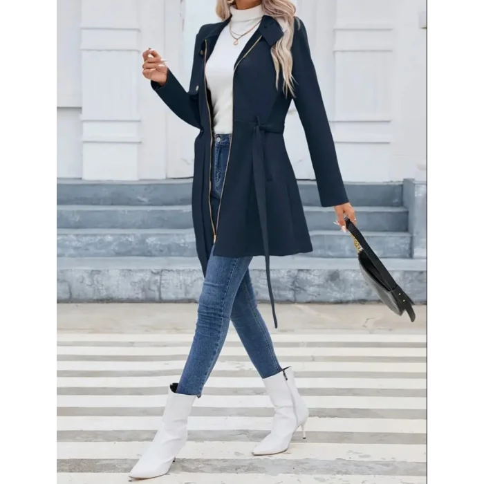 Kadın Uzun Kollu Boyundan Düğmeli Fermuarlı Beli Kuşaklı Süet Ceket