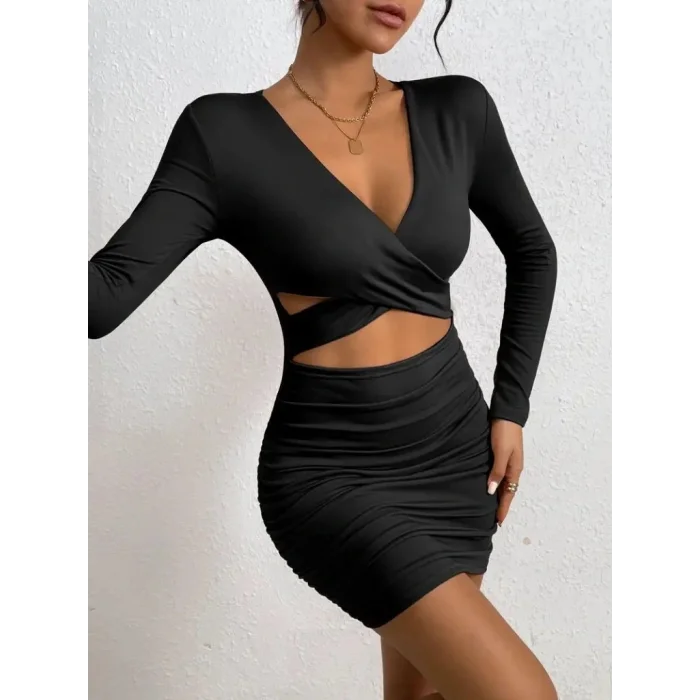 Kadın Uzun Kollu çapraz Dekolte Detaylı Mini Sandy Elbise