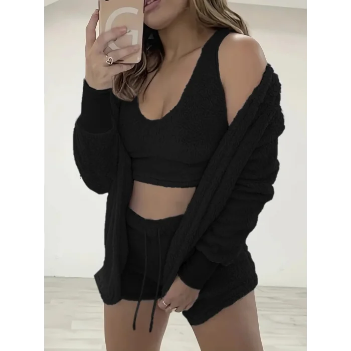 Kadın Uzun Kollu Ceket, Askılı Peluş Bluz Ve şort üçlü Takım