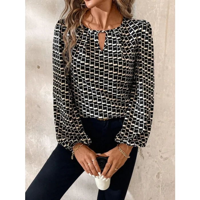 Kadın Uzun Kollu Damla Detaylı Yaka Desenli Süprem Bluz