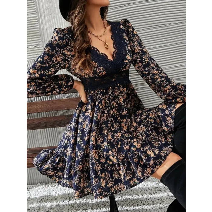 Kadın Uzun Kollu Dantel V Yakalı Mini Desenli Süprem Elbise